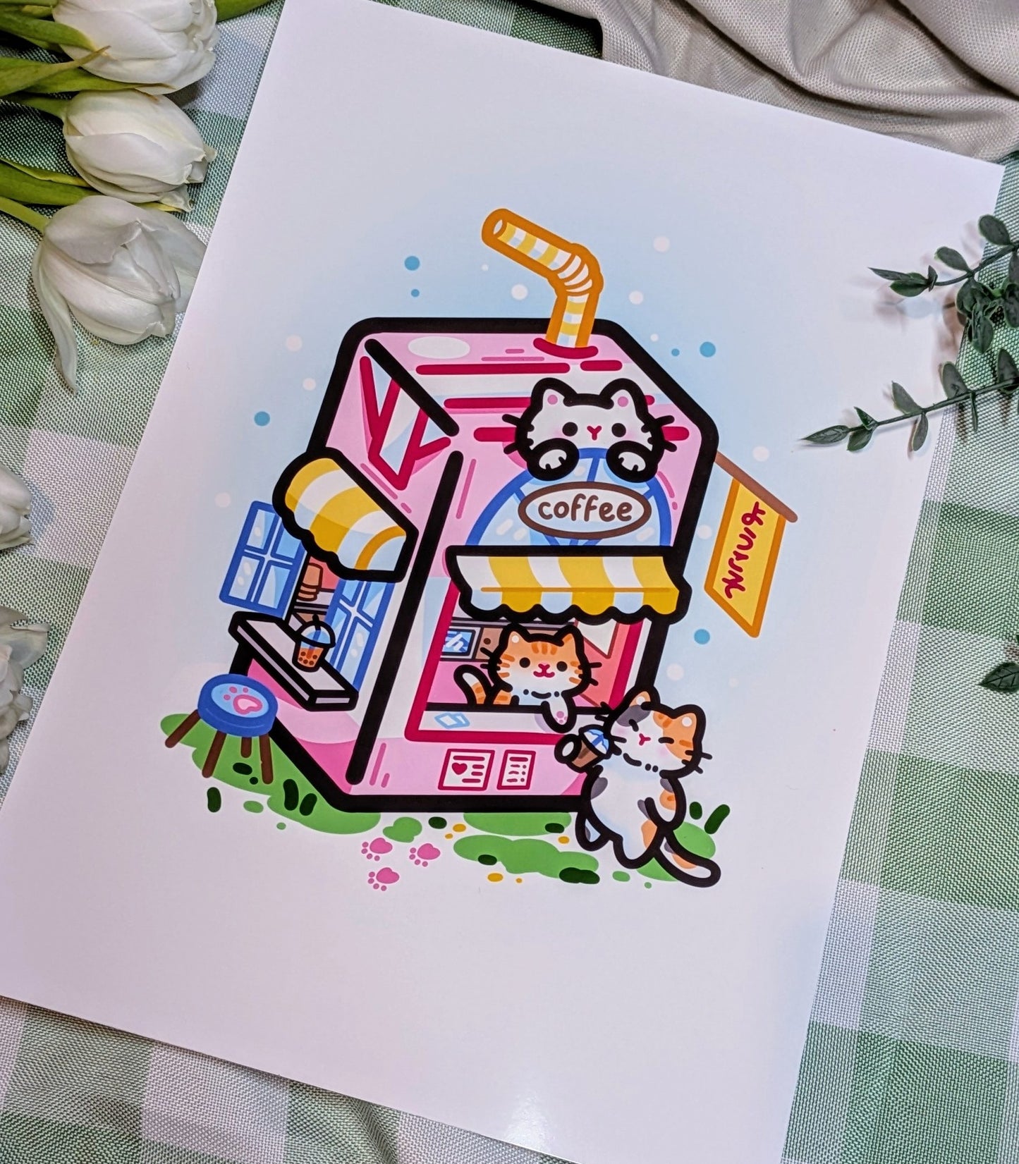 Cat cafe carton print