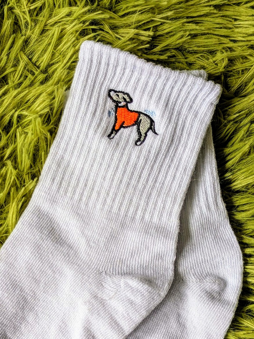 Nervous whippet embroidered socks